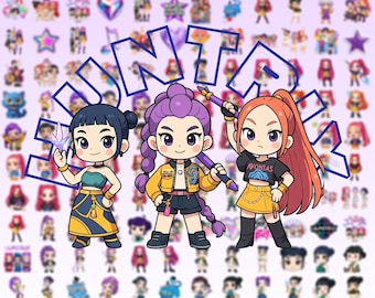 Paquete de más de 150 imágenes prediseñadas PNG de Huntrix, cazadores de demonios de Kpop, imágenes prediseñadas PNG de Huntrix para cumpleaños, camisetas de K-pop, imágenes prediseñadas de cazadores de demonios, pegatinas de Saja Boys