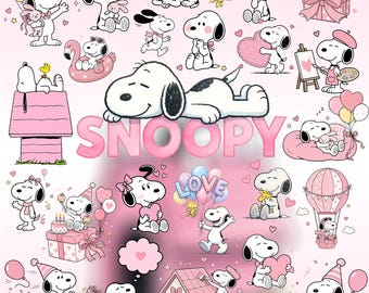 Kit digital de acuarela rosa de Snoopy+, imágenes prediseñadas de Snoopy, Peanuts, perro de cumpleaños