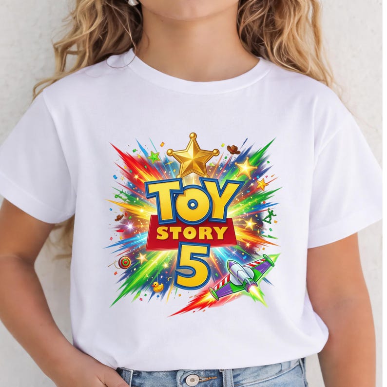 May include: A white short-sleeved t-shirt featuring a colorful graphic print with the text Toy Story 5. The design includes a large gold star, a rocket ship, and various small character icons set against a vibrant, multi-colored starburst background.