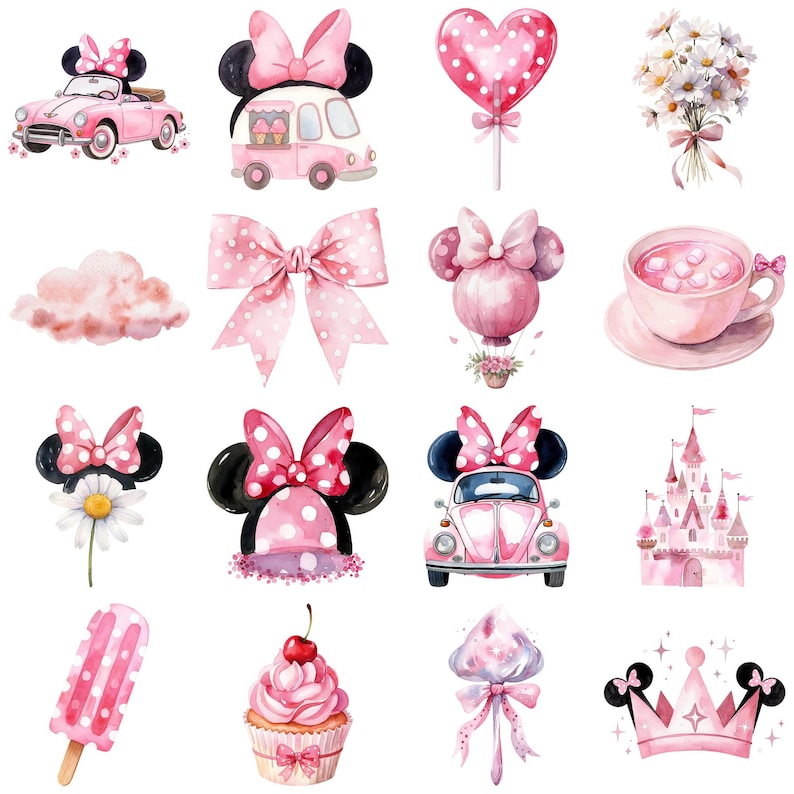 Minnie Mouse akvarell Clipart Bundle PNG, Minnie Mouse Clipart, Baby Minnie Mouse Födelsedagsfest Clipart, Söta rosa karaktärer PNG bild 5
