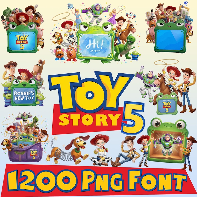 Puede incluir: Una colecci&oacute;n de gr&aacute;ficos digitales de Toy Story 5 con personajes como Woody, Buzz Lightyear, Jessie y Slinky Dog. Las im&aacute;genes incluyen marcos verdes con forma de rana con texto como Hi! Let's play!, Bonnie's New Toy y Toy Story 5.