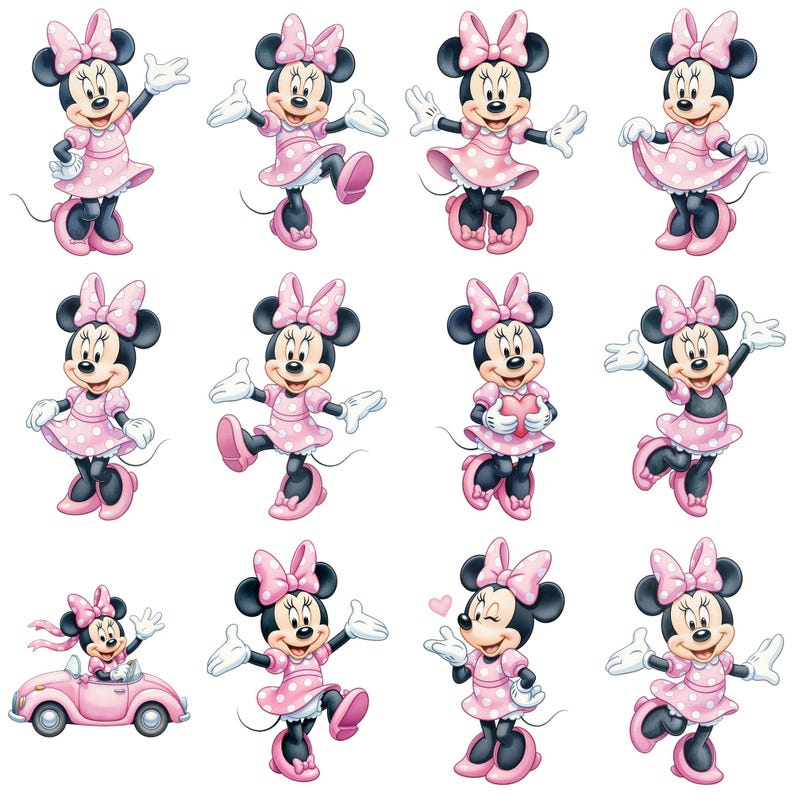 Minnie Mouse akvarell Clipart Bundle PNG, Minnie Mouse Clipart, Baby Minnie Mouse Födelsedagsfest Clipart, Söta rosa karaktärer PNG bild 3