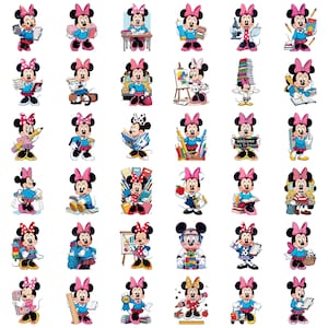 Puede incluir: Una colecci&oacute;n de treinta y seis ilustraciones individuales de Minnie Mouse en varias poses escolares, vistiendo un su&eacute;ter azul, falda a cuadros y lazo rosa. Se muestra acompa&ntilde;ada de &uacute;tiles escolares como libros y l&aacute;pices.