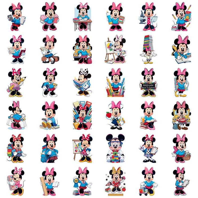 Puede incluir: Una colecci&oacute;n de treinta y seis ilustraciones individuales de Minnie Mouse en varias poses escolares, vistiendo un su&eacute;ter azul, falda a cuadros y lazo rosa. Se muestra acompa&ntilde;ada de &uacute;tiles escolares como libros y l&aacute;pices.