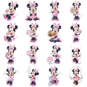 Minnie Mouse akvarell Clipart Bundle PNG, Minnie Mouse Clipart, Baby Minnie Mouse Födelsedagsfest Clipart, Söta rosa karaktärer PNG bild 2