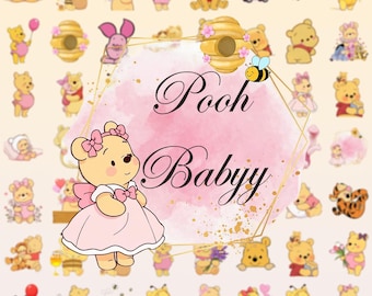 Kit digital de acuarelas de Winnie the Pooh, paquete de imágenes prediseñadas PNG clásicas de Winnie the Pooh, baby shower vintage de Pooh, descarga digital para guardería