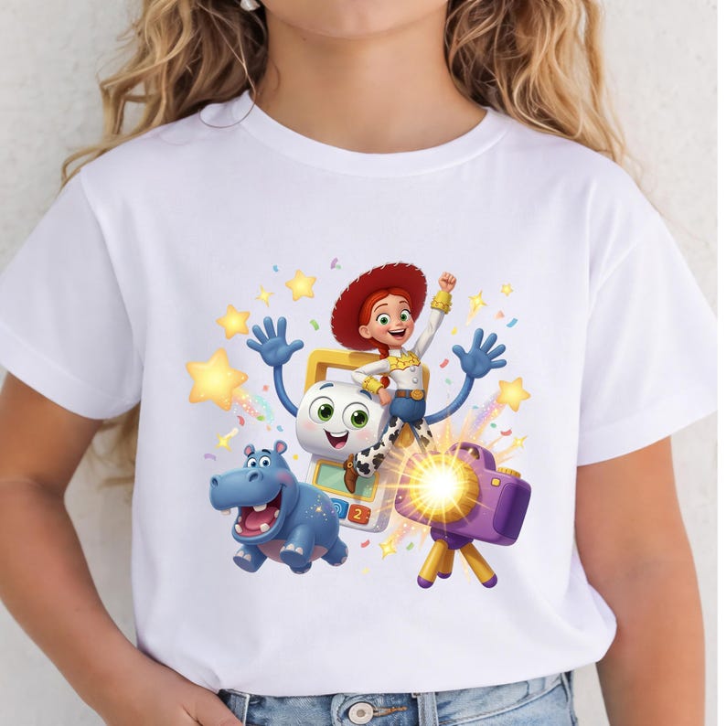 May include: A white t-shirt featuring a colorful graphic print of a red-haired cowgirl character, a blue hippopotamus, a white calculator-like character, and a purple camera on a tripod, all surrounded by yellow stars and confetti.