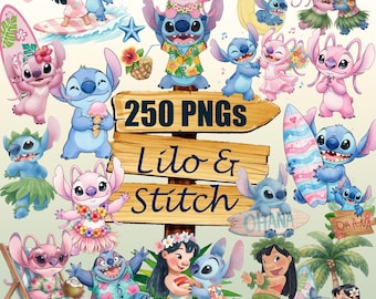Paquete de 250 imágenes prediseñadas de acuarela de Lilo y Stitch en formato PNG, imágenes prediseñadas de Lilo y Stitch, imágenes prediseñadas de flores tropicales de playa, imágenes prediseñadas de personajes lindos de Stitch en formato PNG.