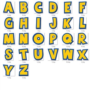 Puede incluir: Una colecci&oacute;n de veintis&eacute;is letras may&uacute;sculas individuales de la A a la Z, cada una con un relleno amarillo brillante, un contorno azul grueso y un sutil efecto de sombra paralela. Cada letra se presenta sobre un fondo cuadrado blanco.