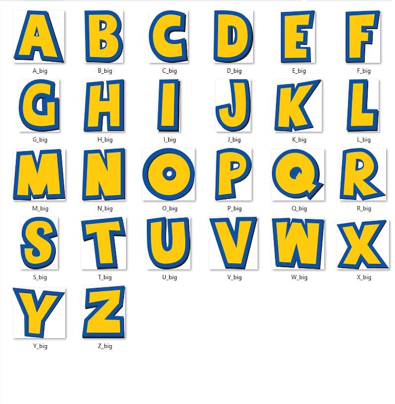 Puede incluir: Una colecci&oacute;n de veintis&eacute;is letras may&uacute;sculas individuales de la A a la Z, cada una con un relleno amarillo brillante, un contorno azul grueso y un sutil efecto de sombra paralela. Cada letra se presenta sobre un fondo cuadrado blanco.