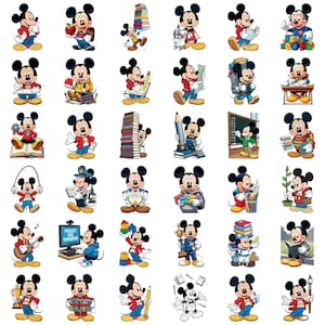 Puede incluir: Una colecci&oacute;n de treinta y seis ilustraciones individuales de Mickey Mouse en diversas actividades escolares, que incluyen leer libros, escribir con l&aacute;pices, sostener trofeos, jugar con bloques de construcci&oacute;n e interactuar con &uacute;tiles escolares.