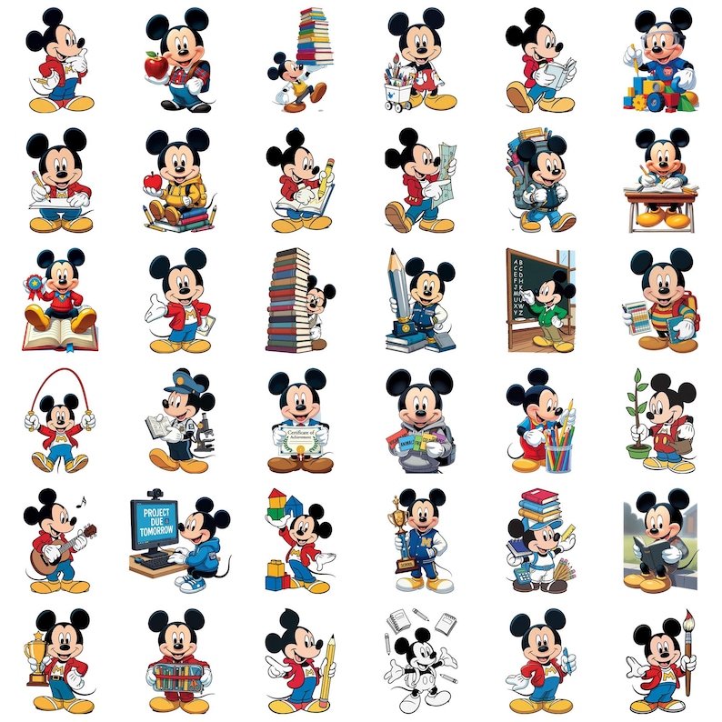 Puede incluir: Una colecci&oacute;n de treinta y seis ilustraciones individuales de Mickey Mouse en diversas actividades escolares, que incluyen leer libros, escribir con l&aacute;pices, sostener trofeos, jugar con bloques de construcci&oacute;n e interactuar con &uacute;tiles escolares.