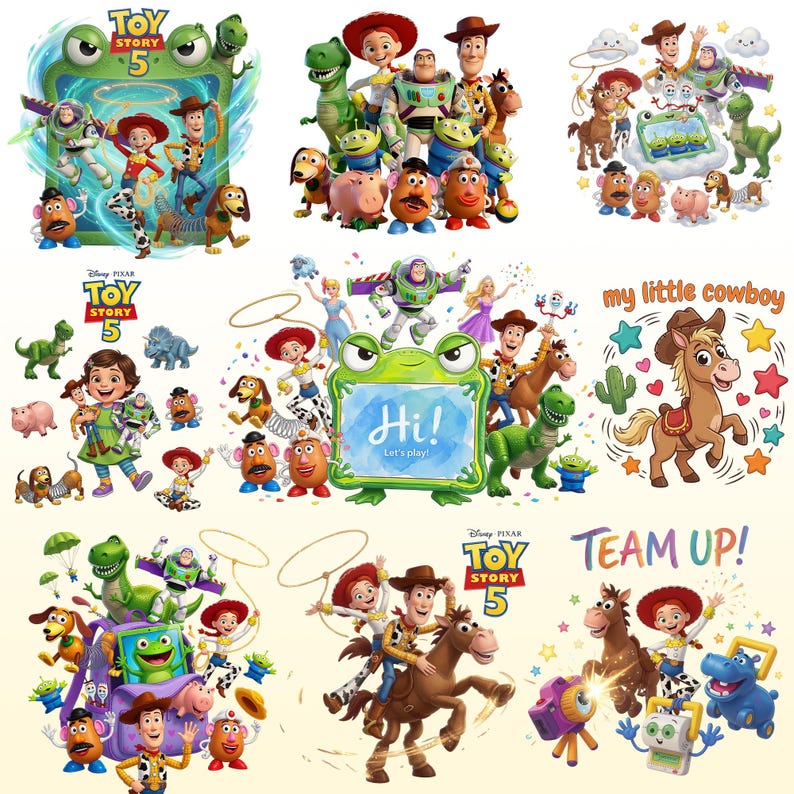 Puede incluir: Una colecci&oacute;n de ilustraciones gr&aacute;ficas con tem&aacute;tica de Toy Story 5 que incluyen personajes como Woody, Buzz Lightyear, Jessie, Rex, Slinky Dog y Mr. Potato Head. Los dise&ntilde;os incluyen textos como Toy Story 5, Hi! Let's play!, my little cowboy y TEAM UP!.