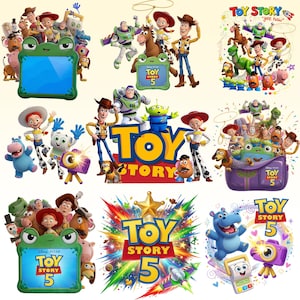May include: A collection of Toy Story 5 graphic illustrations featuring characters like Woody, Buzz Lightyear, Jessie, and Rex. The designs include colorful text, a green frog-shaped frame, a purple backpack, and a starburst background element.