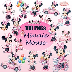 May include: A digital collection of Minnie Mouse PNG images. Minnie is shown in various poses, wearing a pink dress with white polka dots and a matching bow. The image includes the text "100 PNGs Minnie Mouse" in a pink circle.