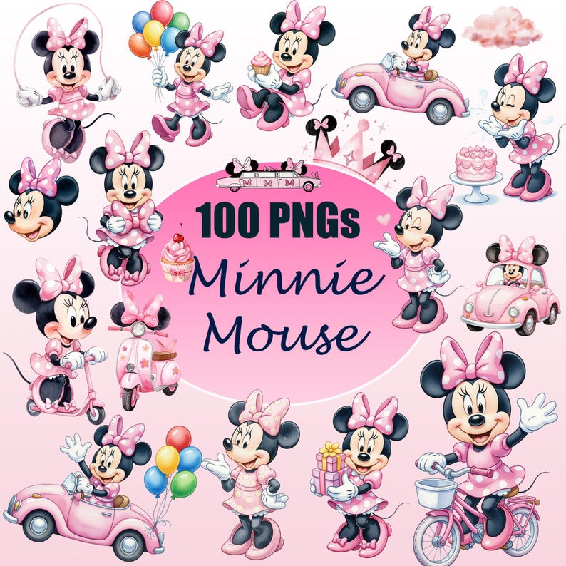 May include: A digital collection of Minnie Mouse PNG images. Minnie is shown in various poses, wearing a pink dress with white polka dots and a matching bow. The image includes the text "100 PNGs Minnie Mouse" in a pink circle.