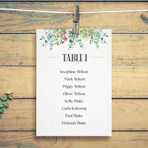 May include: A white table card with the text "TABLE 1" and guest names, suspended by a clothespin on a string. The top of the card is decorated with green and red floral elements. The background is a wooden surface.