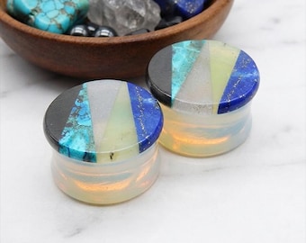 Multiple Color Mosaic Inlay Plugs Lapis Sunstone Chrysocolla Obsidian, Opalite Body Ear Gauges, Multi Gemstone Boho Organic Ear Stretcher