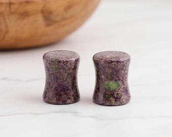 Natural African Purple Stone Plugs, Spotted Gemstone Ear Gauges, Exotic Purple Stone Tunnels, Double Flared Saddle Plugs, Sizes Available