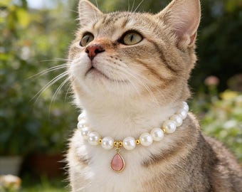 Luxury Pearl Dog Cat Collar with Pink Teardrop Charm, Elegant Pet Necklace for Wedding Birthday, Jewelry Gift for Small Dogs & Cats