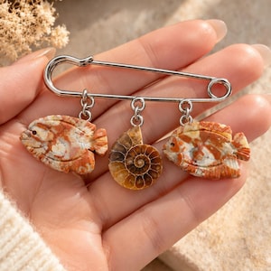 Ammonite Fossil Pin Brooch,Mookite Jasper Fish Shape Brooch,Natural Stone Ocean Jewelry,Vintage Nautical Statement Pin,Nature Inspired Gift