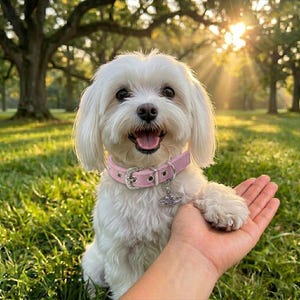 May include: A small, white dog with a pink collar and a silver charm sits in a grassy area. The dog is smiling with its tongue out. The dog's paw rests on a person's hand. The collar has a silver buckle.