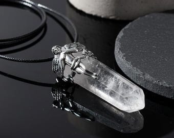 Sterlingzilveren engelenketting | Ruwe punthanger van helder kwarts | 925 zilveren beschermengelbedel | Helende kristallen sieraden | Geboortesteen