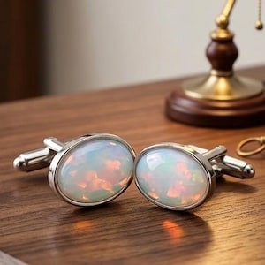 Op de afbeelding: Een paar ovaalvormige manchetknopen met iriserende witte opaal cabochons gezet in gepolijste zilverkleurige metalen monturen. De stenen vertonen interne flitsen van oranje en roze kleur en de manchetknopen hebben standaard scharnierende sluitingen.