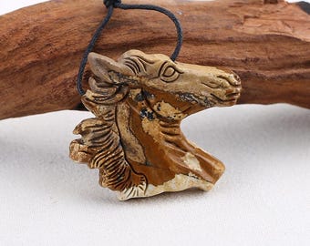 Carved Crystal Horse Pendant, Natural Gemstone Horse Bead Crystal Animals for Necklace Making, Picture Jasper