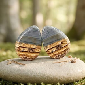 May include: A pair of teardrop-shaped ear plugs featuring a dual-tone design. The upper portion is a smooth, translucent gray, while the lower section displays a textured, layered pattern in shades of tan, brown, and cream with dark inclusions.