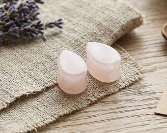 Pink Quartz Teardrop Shape Ear Gauges,Minimalist Stone Ear Gauges，Pair of Unique Ear Stretcher,Gifts for women