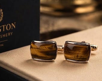 Man Cufflinks for Groomsmen,Natural Tiger-Eye Cufflinks,Crystal Cufflinks For Man,Round Brown Marble Suit Accessories,Groomsmen Gift