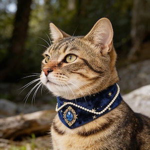 Könnte beinhalten: Eine getigerte Katze mit einem marineblauen Samtkragen, verziert mit Perlen, goldenen Akzenten und einem zentralen blauen Edelstein. Der Kragen hat kleine goldene Sterne. Die Katze blickt nach oben, mit verschwommenem Naturhintergrund.