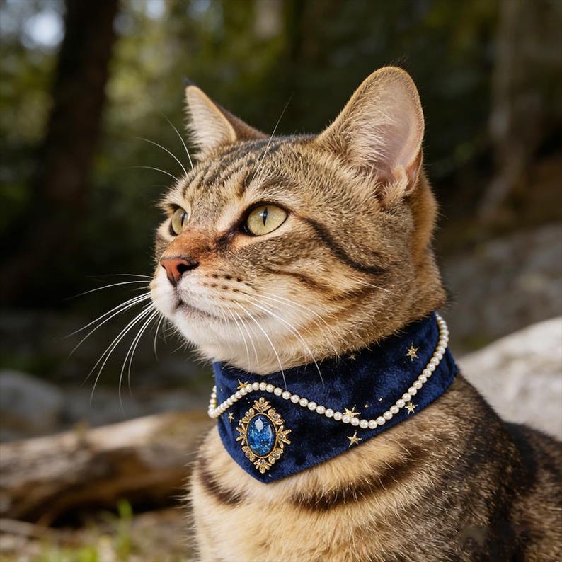 K&ouml;nnte beinhalten: Eine getigerte Katze mit einem marineblauen Samtkragen, verziert mit Perlen, goldenen Akzenten und einem zentralen blauen Edelstein. Der Kragen hat kleine goldene Sterne. Die Katze blickt nach oben, mit verschwommenem Naturhintergrund.