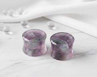 Fluorite Stone Ear Plugs, Natural Purple Flash Ear Gauges, Double Flare Saddle Plugs, Organic Stone Ear Stret Custom sizes available