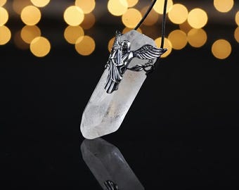 Sterlingzilveren engelenketting | Ruwe punthanger van helder kwarts | 925 zilveren beschermengelbedel | Helende kristallen sieraden | Geboortesteen