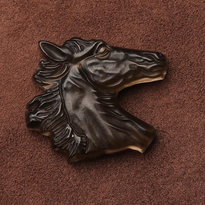 May include: A dark brown horse head sculpture with detailed mane and facial features. The sculpture is made of a translucent material, giving it a glossy appearance. The horse head is set against a brown background.