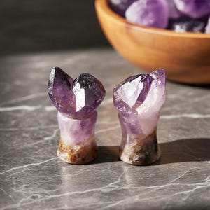 May include: Two amethyst crystal sculptures with a natural, raw appearance. The sculptures are a deep purple color at the top, fading to a lighter purple and brown at the base. A wooden bowl filled with amethyst crystals is in the background.