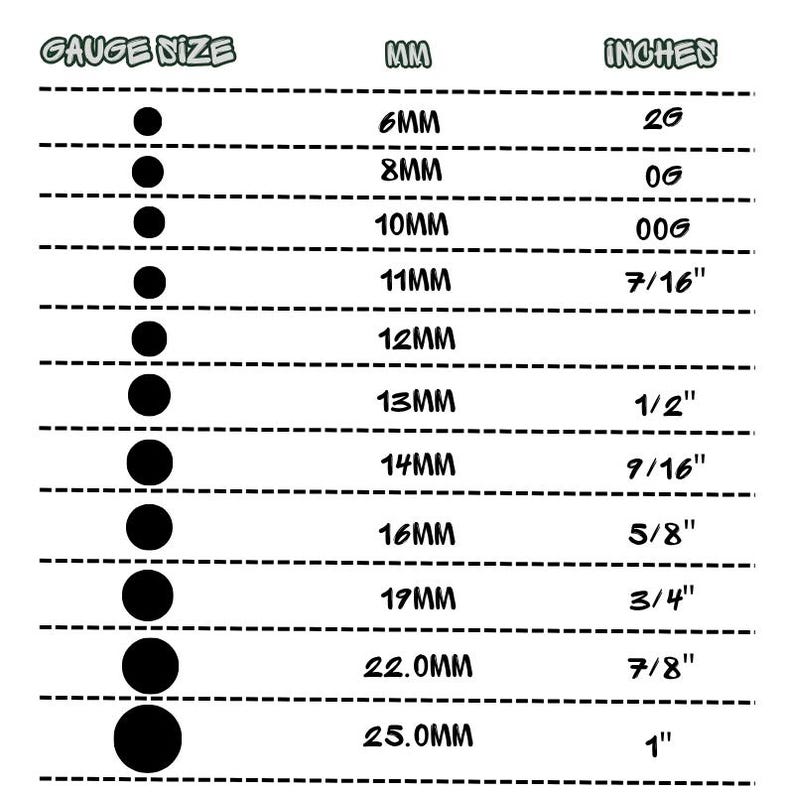May include: A black and white gauge size conversion chart featuring a vertical column of solid black circles of increasing diameter, with corresponding measurements in millimeters and inches listed in columns labeled Gauge Size, MM, and Inches.