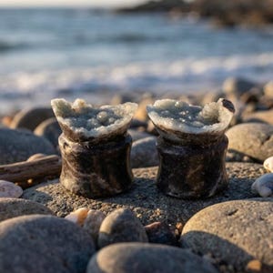 May include: A pair of ear plugs featuring a dark, polished stone base with a flared shape and a textured, light blue crystalline druzy top. The cylindrical bodies have a smooth, marbled appearance with subtle grey and black veining throughout.