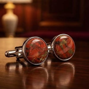 Puede incluir: Un par de gemelos redondos con monturas de metal plateado pulido e incrustaciones abovedadas de piedra con patrón rojo y verde. Las caras circulares muestran una textura veteada con remolinos de color carmesí intenso y verde oliva brillante.
