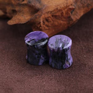 May include: A pair of cylindrical ear plugs crafted from polished stone, featuring a marbled pattern of deep purple and black streaks. The plugs have a smooth, glossy finish with a concave center, showcasing the natural variations in the stone's color.