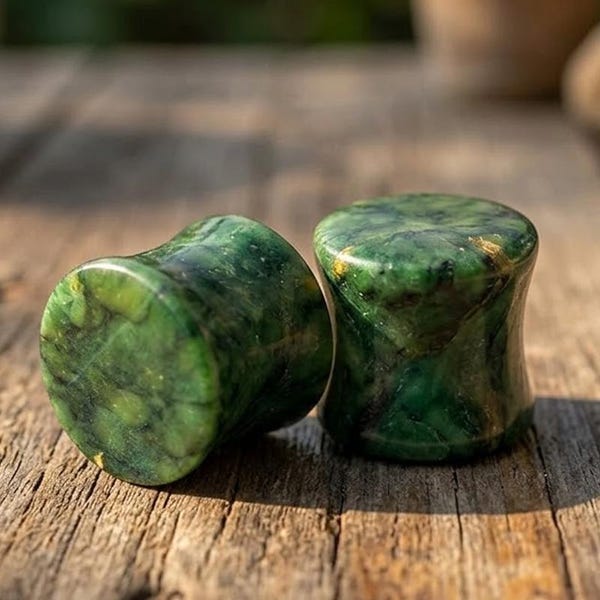 African Jade Plugs,Natural Matte Emerald Stone Ear Gauges,Double Flare Hand-carved Green Plugs,Handmade Stone Ear Stretchers