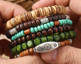 Conjunto de 6 pulseras apilables de cuentas de madera estilo boho, joyería apilable de cáscara de coco para hombre y mujer, pulsera tribal étnica surfista, regalo de yoga para él.