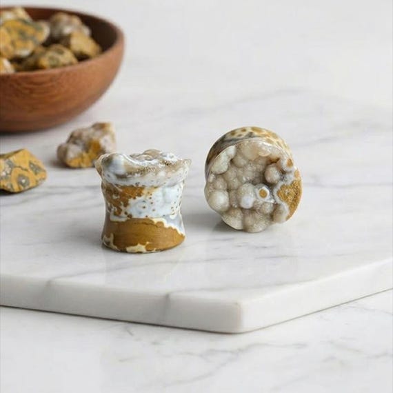 Natural Ocean Jasper Plugs, Raw Druzy Crystal Ear Gauges, Orbicular Jasper Tunnels, Double Flared Organic Body Jewelry, Sold as Pair 2 PCS