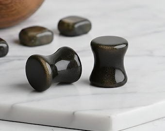 Gold Obsidian Plugs, Natural Black Volcanic Stone Ear Gauges, Double Flare Saddle Plugs, Organic Stone Ear Stret Custom sizes available