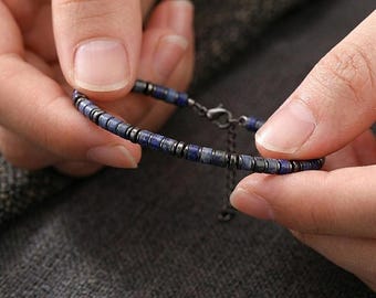 Pulseira de Lápis-lazúli Natural com Aço Inoxidável, Joia Minimalista com Pedra Azul, Pulseira Masculina à Prova d'Água, Presente Delicado e Durável para Ele/Ela