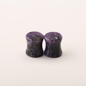 Charoite Plugs, Purple Dragon Stone Ear Gauges, Genuine Russian Gemstone Tunnels, Double Flared Saddle Plugs, Sold as Pair image 4
