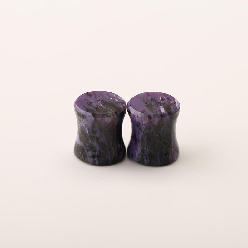 Charoite Plugs, Purple Dragon Stone Ear Gauges, Genuine Russian Gemstone Tunnels, Double Flared Saddle Plugs, Sold as Pair image 4