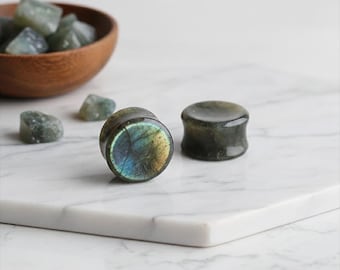 Labradorite Stone Plugs, Natural Grey Blue Flash Ear Gauges, Double Flare Saddle Plugs, Organic Stone Ear Stret Custom sizes available